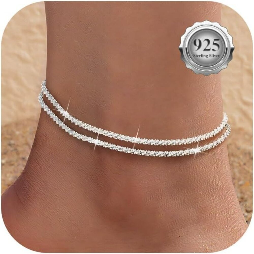 Sterling Silver Ankle Bracelets for Women,Gold Dainty Layered Waterproof Anklet
